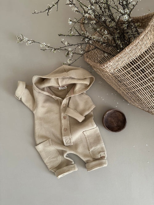 HOODED WAFFLE ROMPER | BEIGE